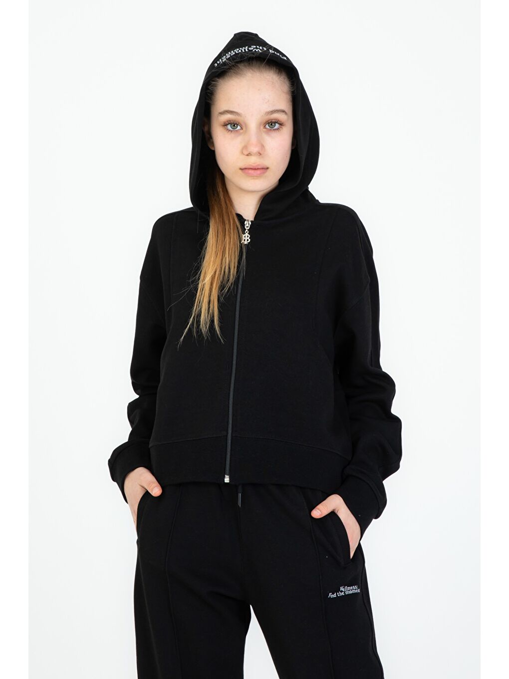 Siyah Kız Çocuk Kapüşonlu Fermuarlı Ayarlanabilir Bel Eşofman Takım-2