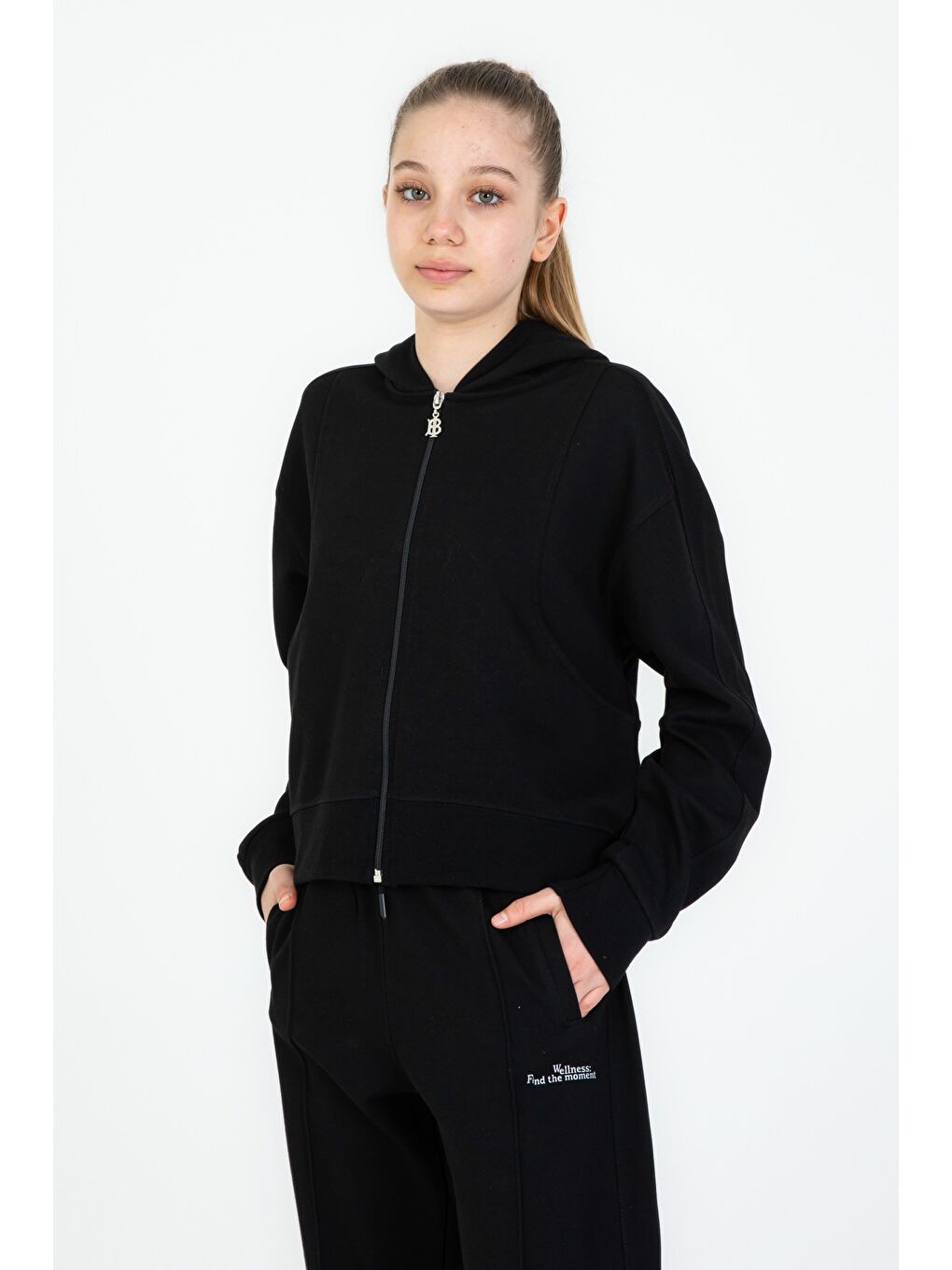 Siyah Kız Çocuk Kapüşonlu Fermuarlı Ayarlanabilir Bel Eşofman Takım-3