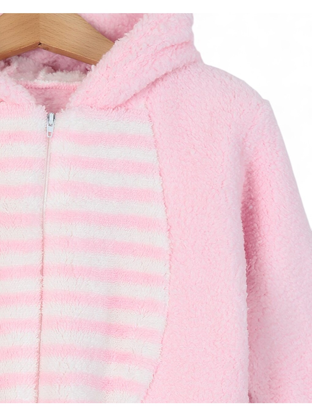 Pembe 6-9 Ay Kapüşonlu Kulak Detaylı Tavşan Temalı Fermuarlı Welsoft Kışlık Kalın Tulum-1