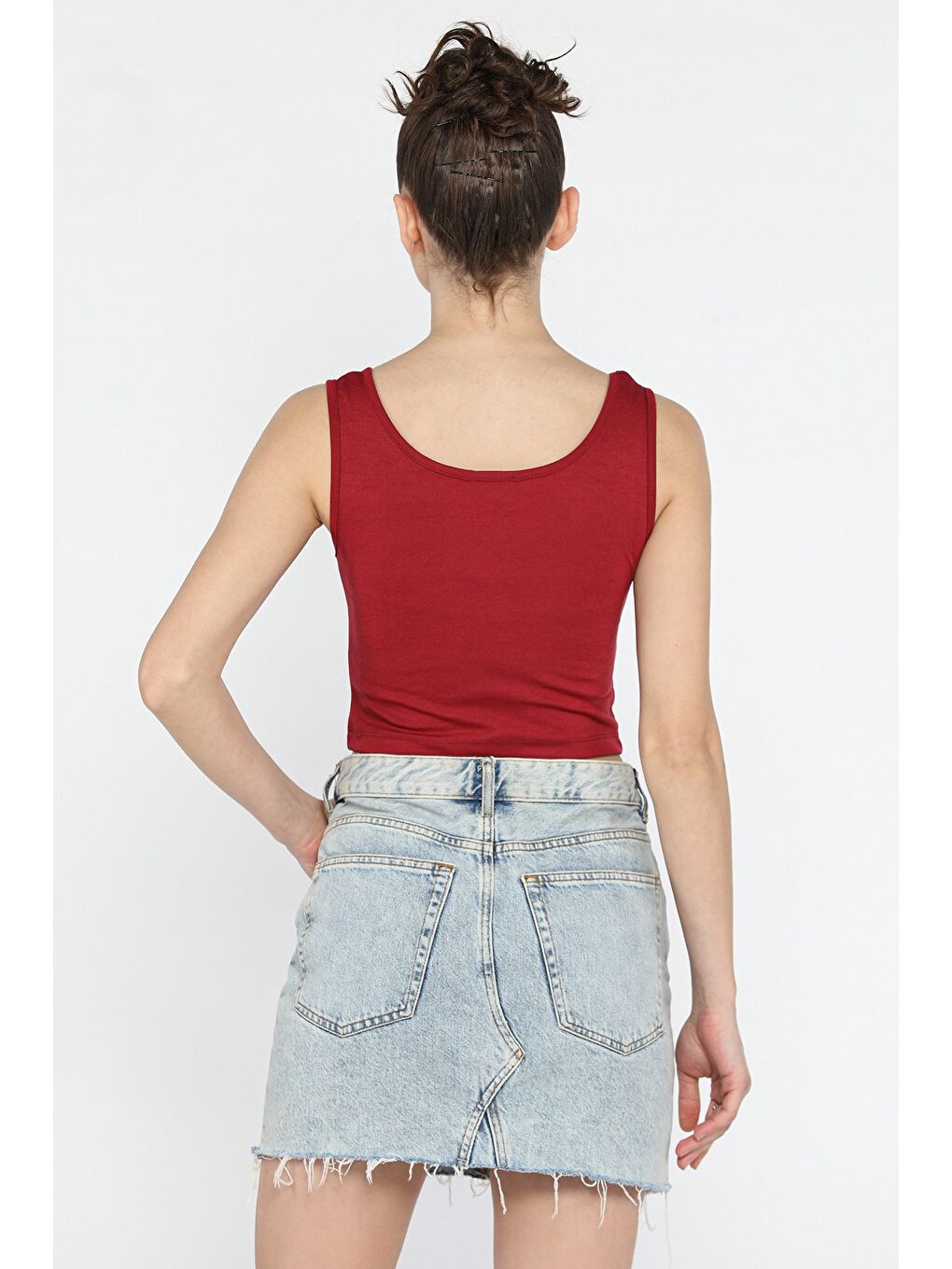 Bordo Kadın Kalın Askılı Kaşkorse Crop Top Bluz-2