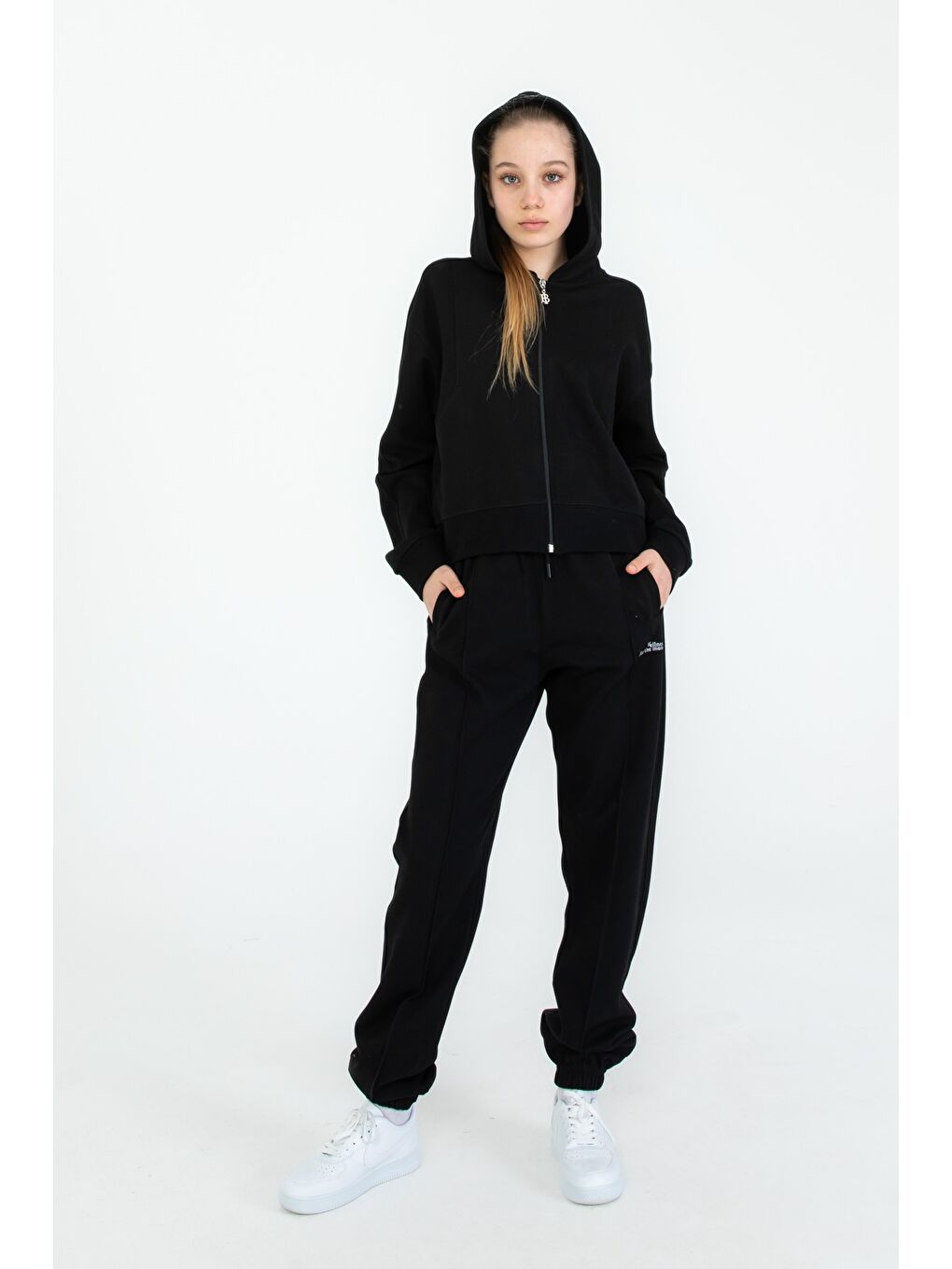 Siyah Kız Çocuk Kapüşonlu Fermuarlı Ayarlanabilir Bel Eşofman Takım-4