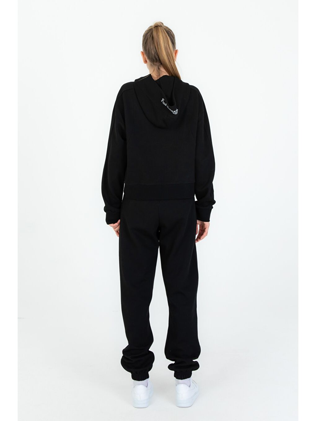 Siyah Kız Çocuk Kapüşonlu Fermuarlı Ayarlanabilir Bel Eşofman Takım-5