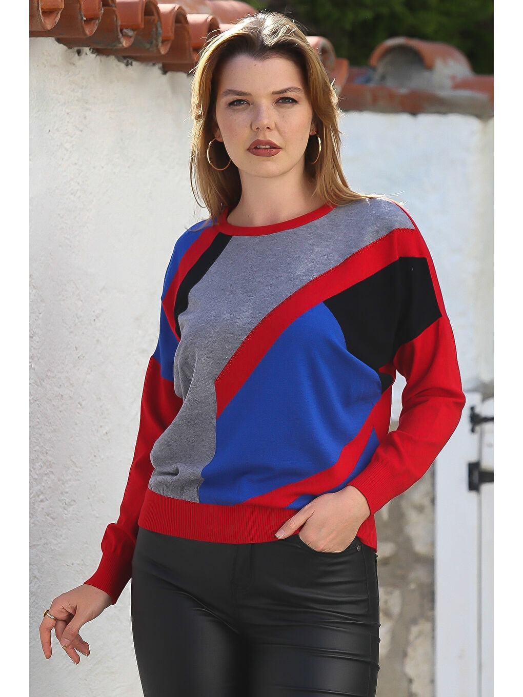 Kırmızı Havuz Yaka Uzun Kol Bloklu Casual Triko Kazak 65 60-1