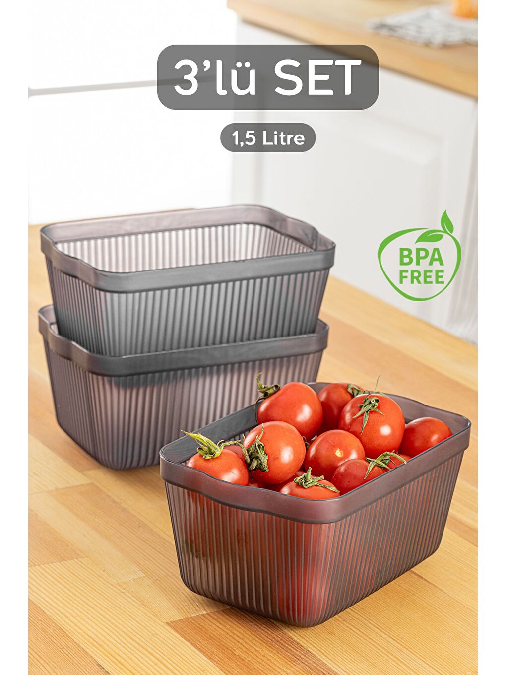 Gri 3'lü Perry Mutfak Buzdolabı Saklama Kabı Çok Amaçlı Mutfak Düzenleme Kutusu Small 1,5 lt Füme