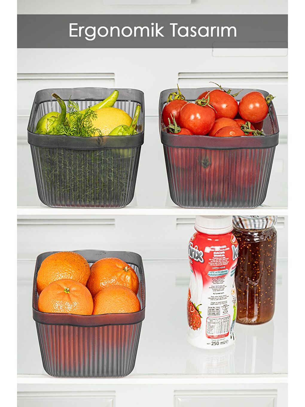 Gri 3'lü Perry Mutfak Buzdolabı Saklama Kabı Çok Amaçlı Mutfak Düzenleme Kutusu Small 1,5 lt Füme-1