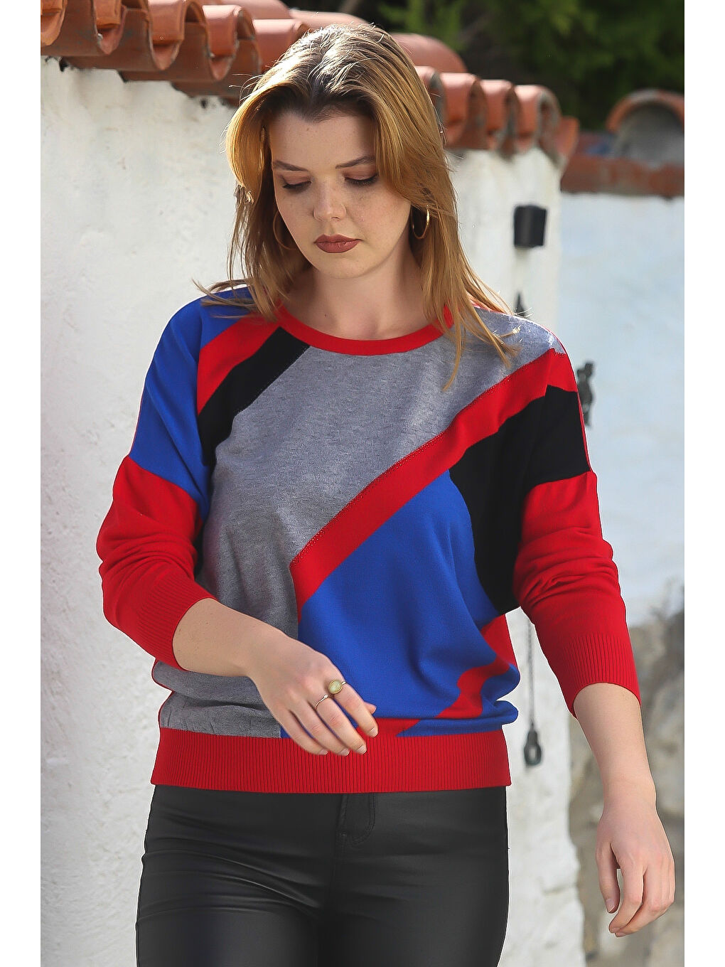 Kırmızı Havuz Yaka Uzun Kol Bloklu Casual Triko Kazak 65 60-2