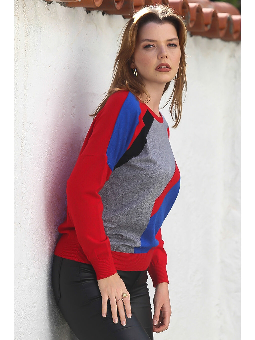 Kırmızı Havuz Yaka Uzun Kol Bloklu Casual Triko Kazak 65 60-3