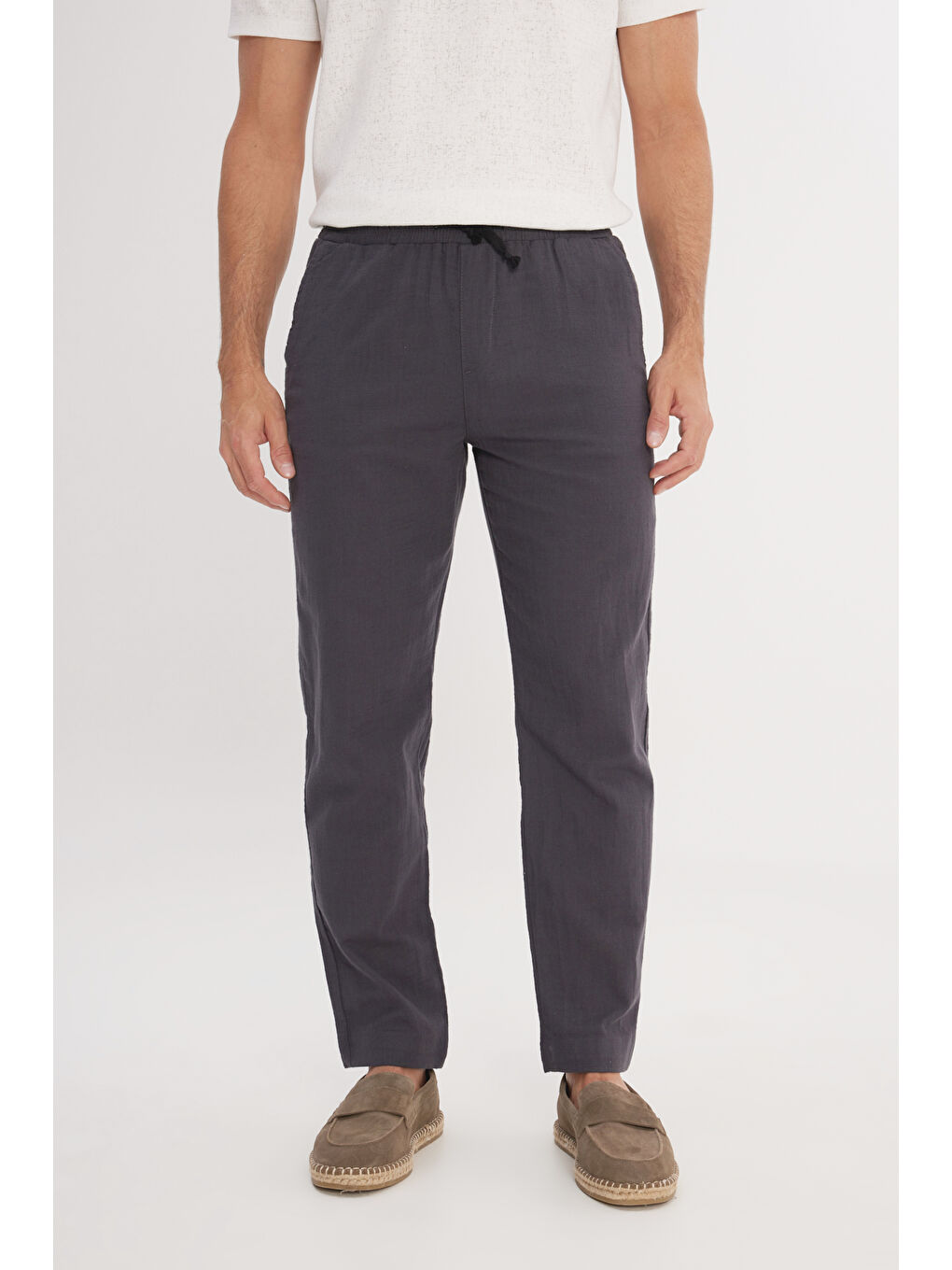 Erkek Antrasit %100 Pamuk Slim Fit Dar Kesim Beli Bağlamalı Yan Cepli Pantolon
