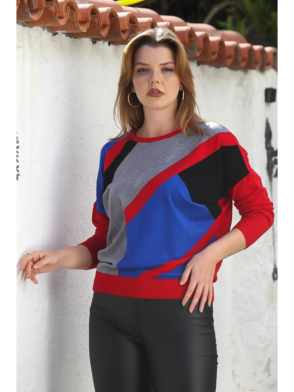 Kırmızı Havuz Yaka Uzun Kol Bloklu Casual Triko Kazak 65 60-4