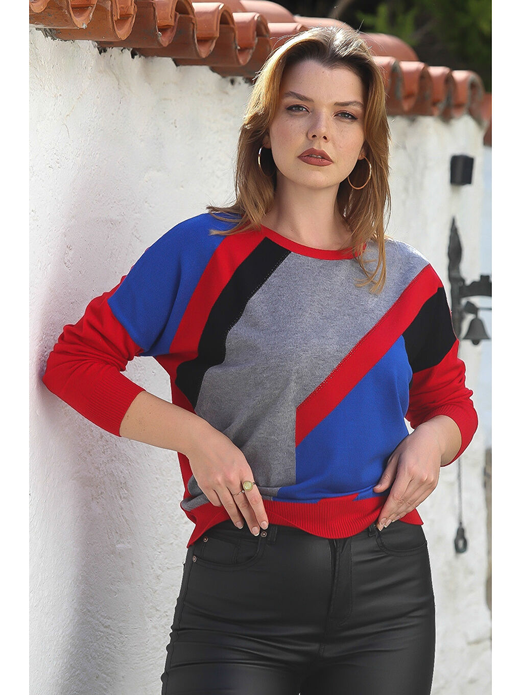 Kırmızı Havuz Yaka Uzun Kol Bloklu Casual Triko Kazak 65 60-5