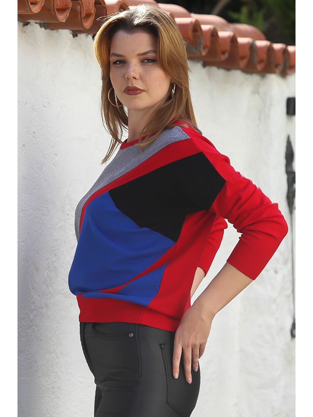 Kırmızı Havuz Yaka Uzun Kol Bloklu Casual Triko Kazak 65 60-6