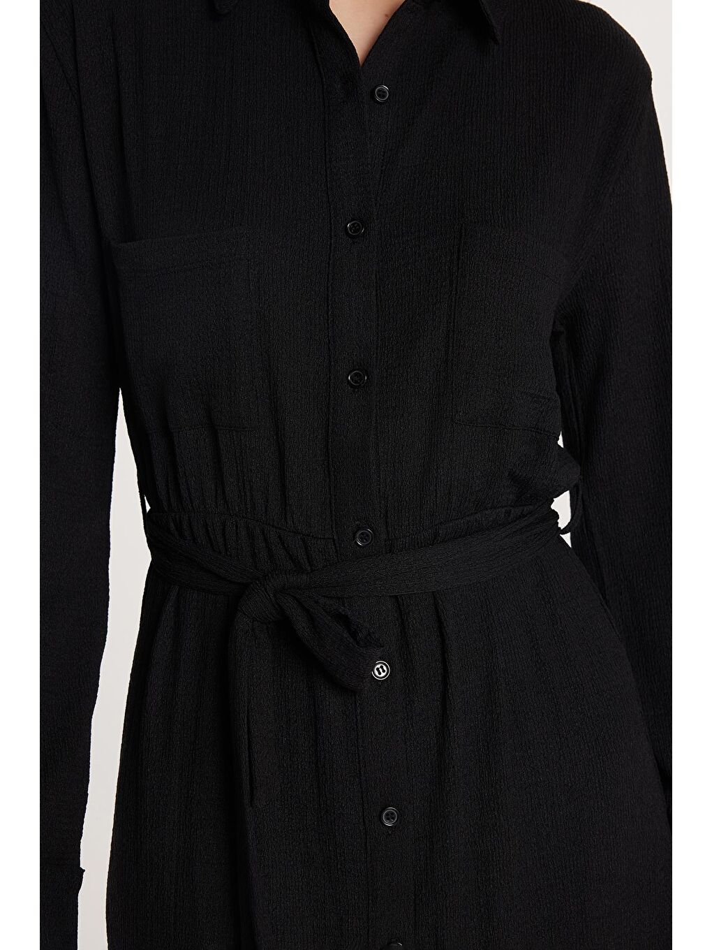 Kadın Regular Fit Uzun Kollu Bağlamalı Klasik Yaka Cepli Uzun Siyah Elbise-2