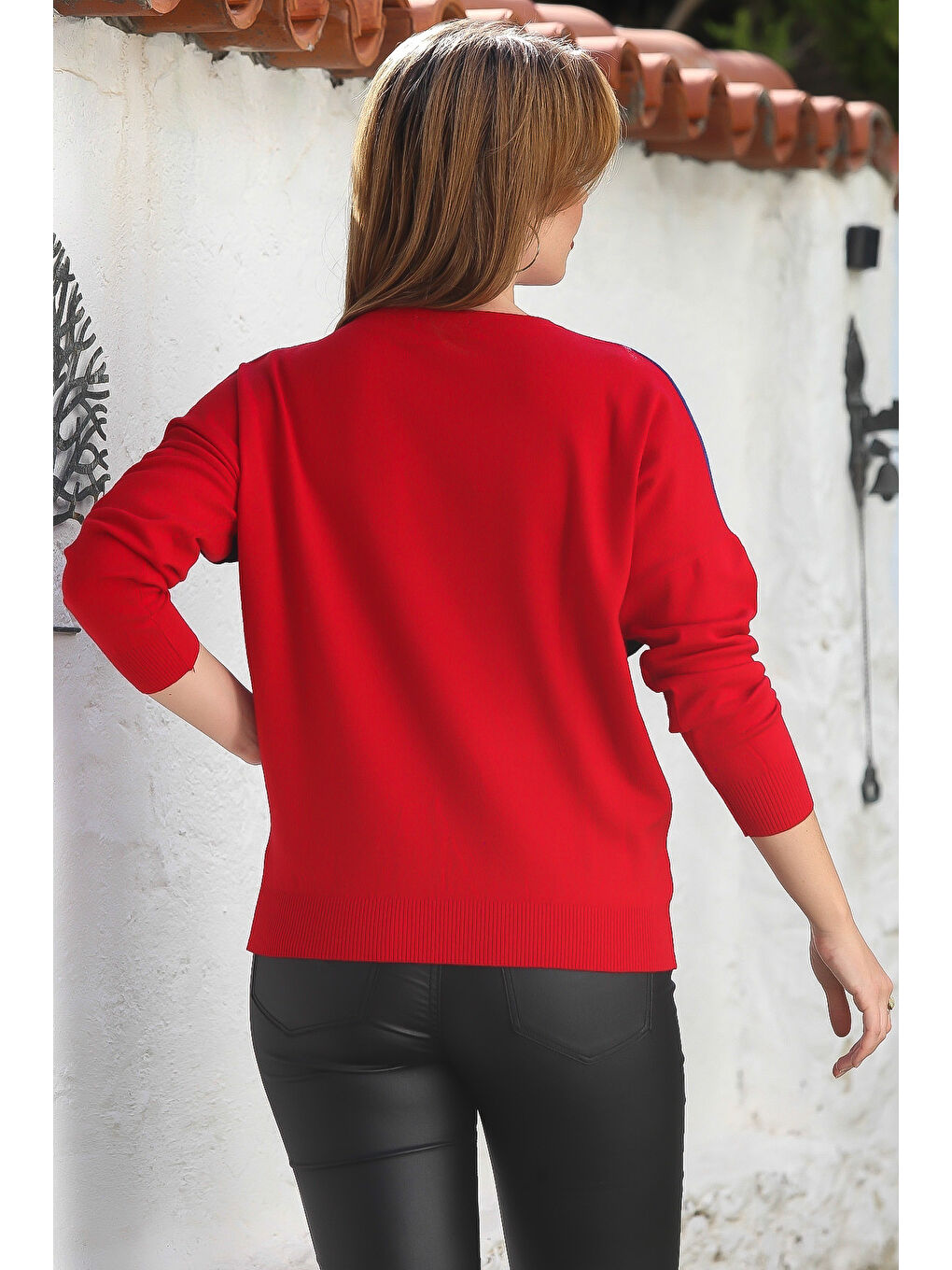 Kırmızı Havuz Yaka Uzun Kol Bloklu Casual Triko Kazak 65 60-7