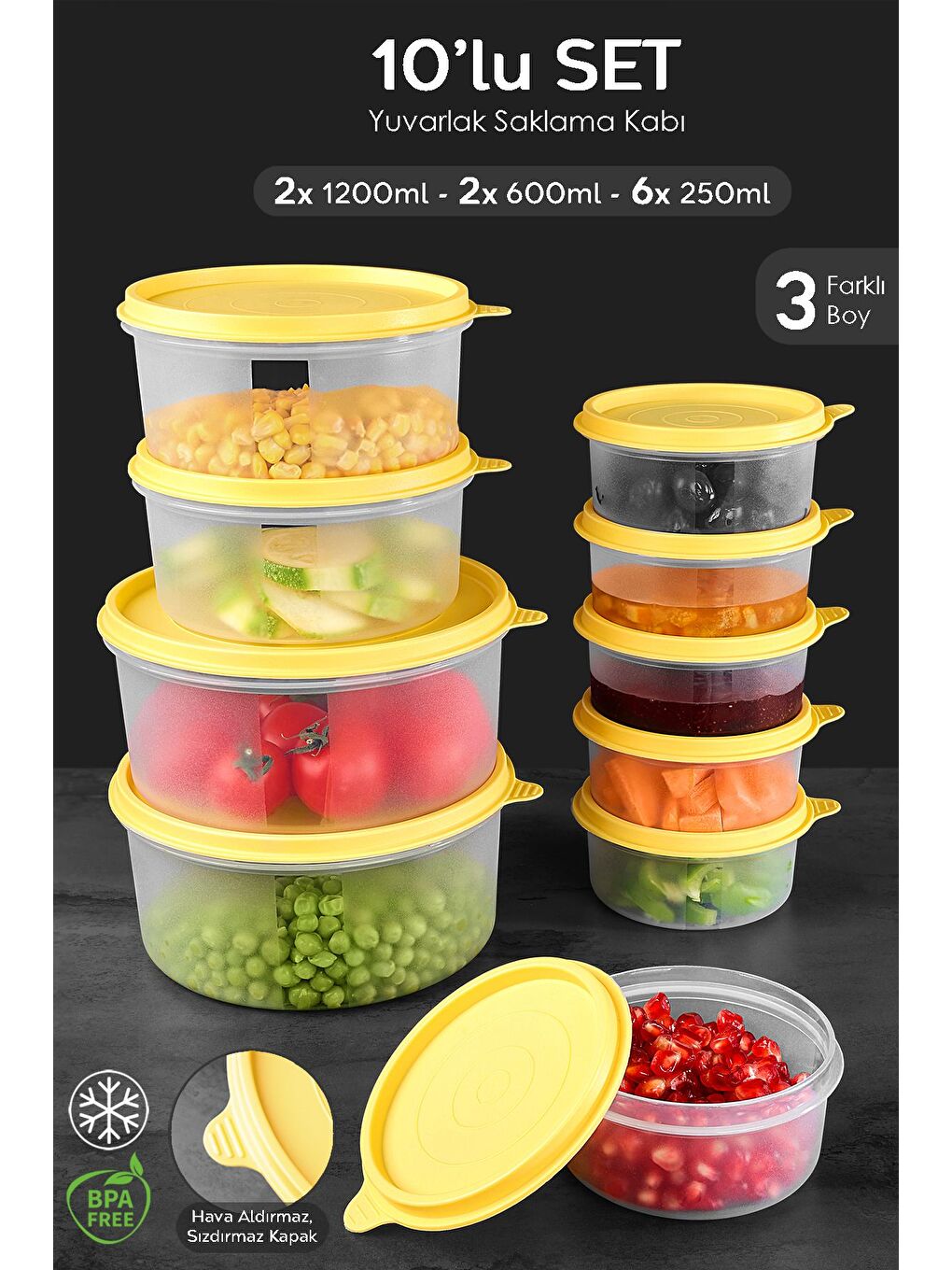 10'lu Yuvarlak Gıda Saklama Kabı Seti 6x250 2x600 2x1200 ml Sarı