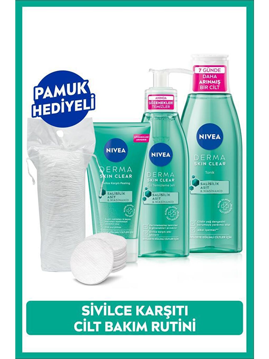 NIVEA Şeffaf Derma Skin Clear Niasinamid Yüz Temizleme Jeli 150 ml, Tonik 200ml ve Peeling 150 ml, Pamuk Hediyeli