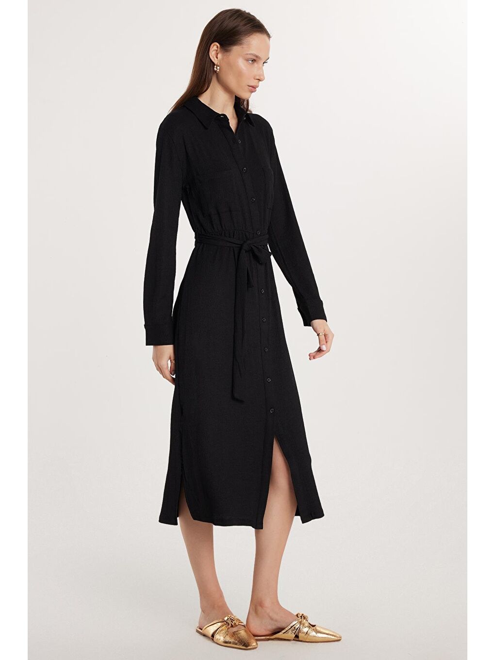 Kadın Regular Fit Uzun Kollu Bağlamalı Klasik Yaka Cepli Uzun Siyah Elbise-3