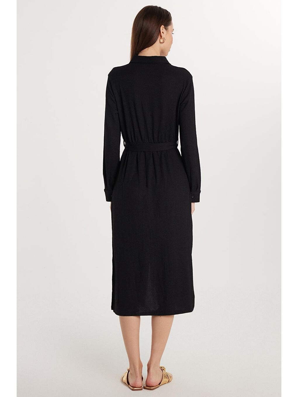 Kadın Regular Fit Uzun Kollu Bağlamalı Klasik Yaka Cepli Uzun Siyah Elbise-4