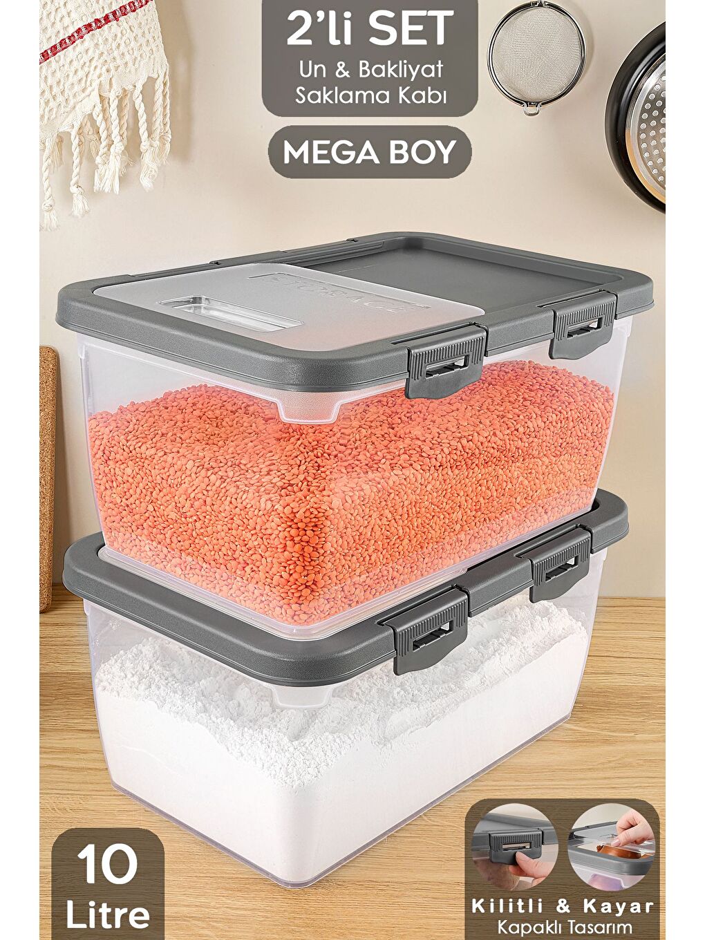 2'li Kayar Kapaklı Bakliyat Saklama Kabı Gri 10 lt