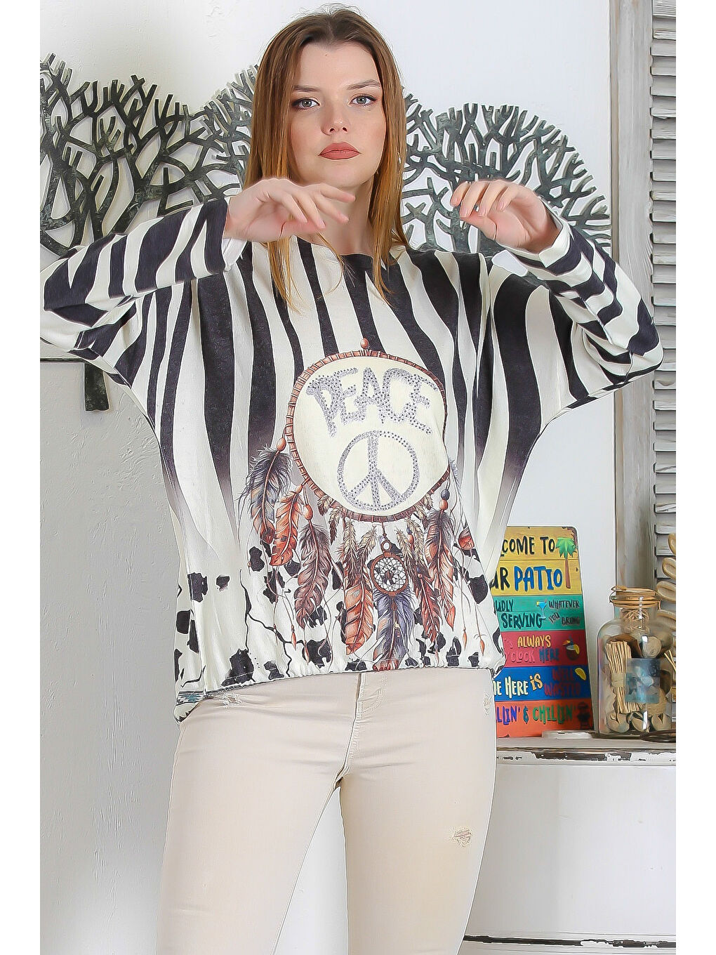 Karışık İtalyan Çok Renkli Yuvarlak Yaka Uzun Kol Bağlamalı Dijital Baskılı Casual Triko Bluz