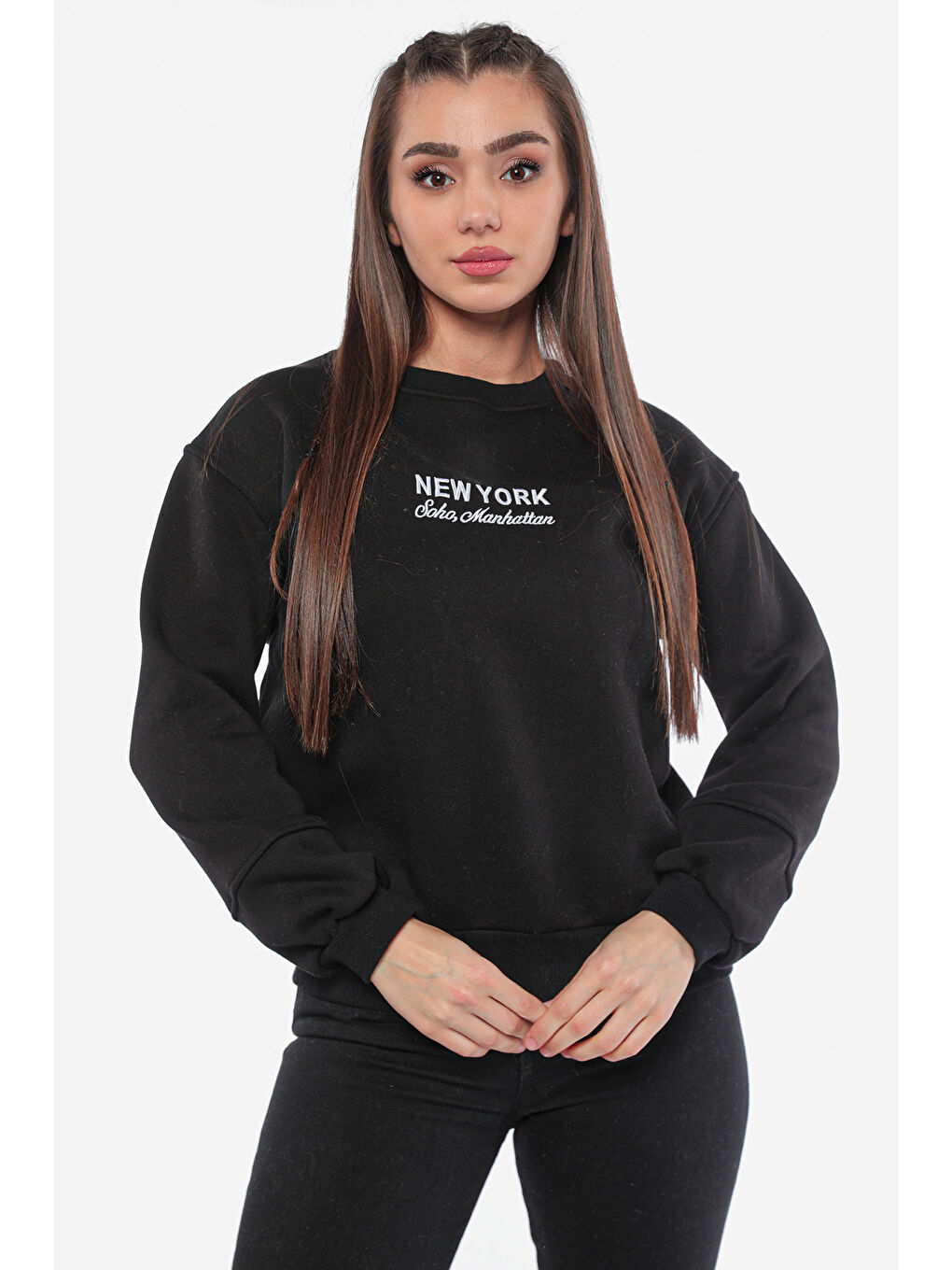 GÜLSELİ Siyah Kadın Şardonlu Baskılı Sweatshirt