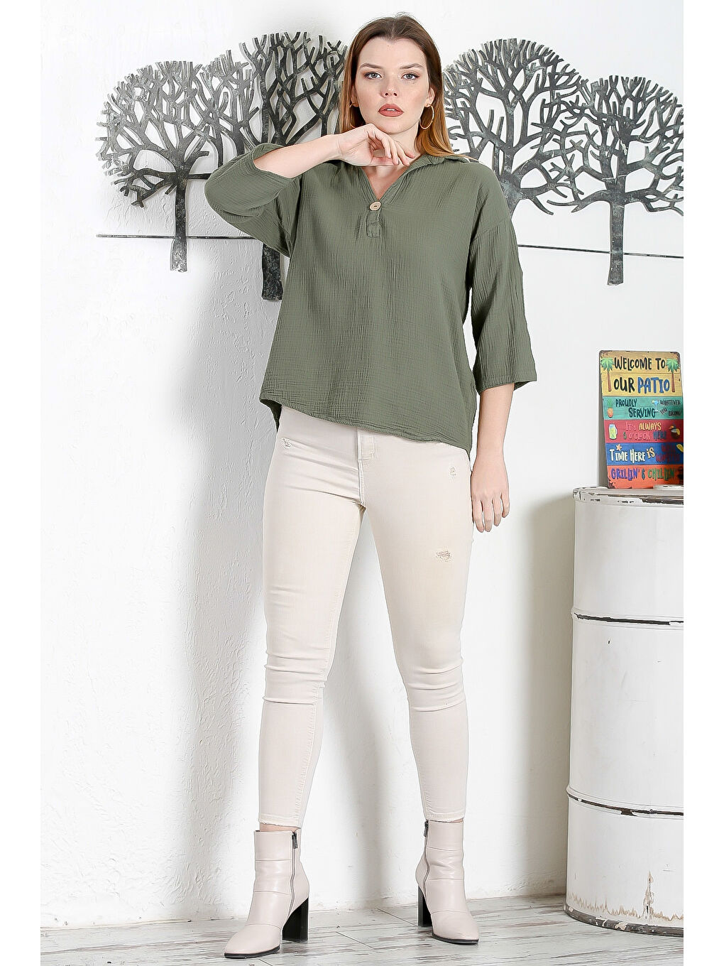 Haki Yeşil Gömlek Yaka Düğmeli 3/4 Kol Düğmeli Casual Müslin Dokuma Bluz-6