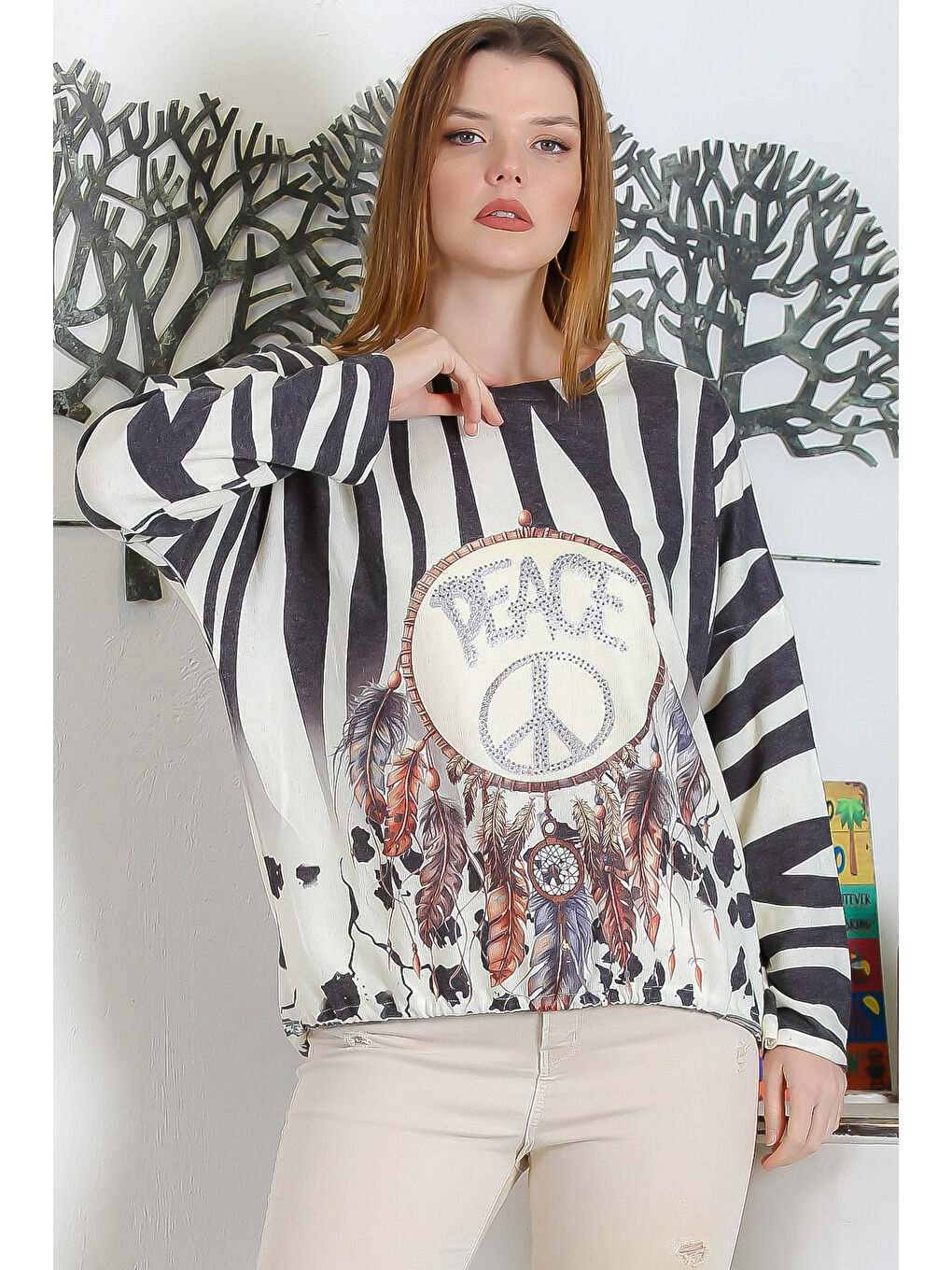 Karışık İtalyan Çok Renkli Yuvarlak Yaka Uzun Kol Bağlamalı Dijital Baskılı Casual Triko Bluz-1