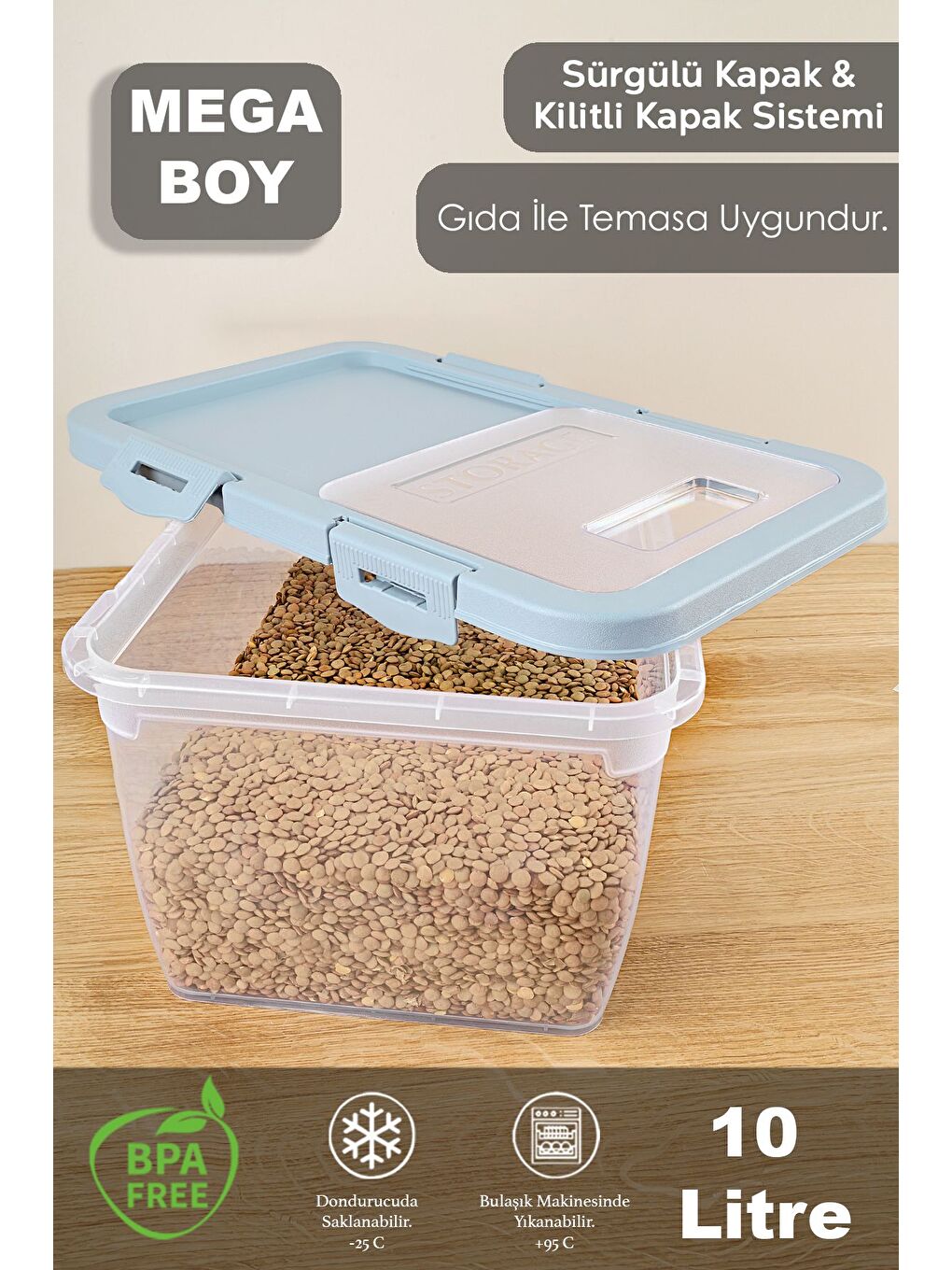 Kayar Kapaklı Bakliyat Saklama Kabı Mavi 10 lt-2