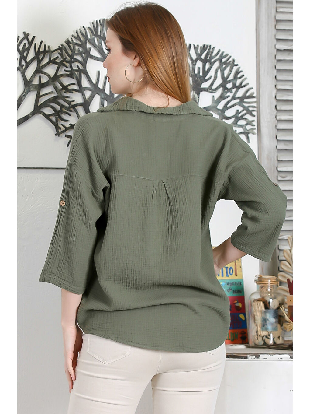 Haki Yeşil Gömlek Yaka Düğmeli 3/4 Kol Düğmeli Casual Müslin Dokuma Bluz-7