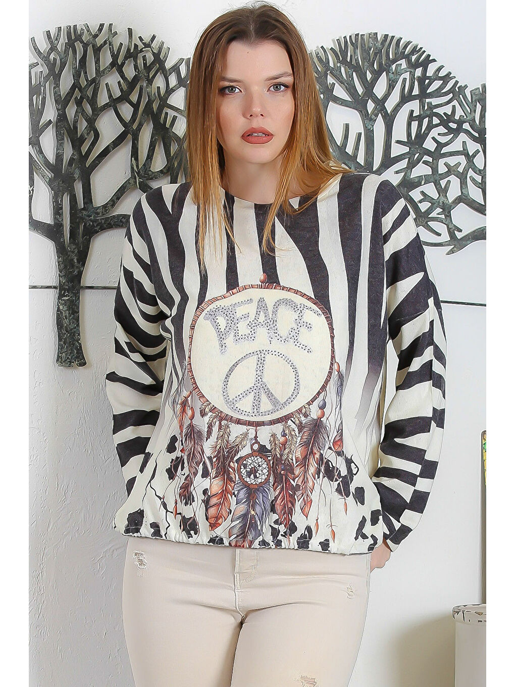 Karışık İtalyan Çok Renkli Yuvarlak Yaka Uzun Kol Bağlamalı Dijital Baskılı Casual Triko Bluz-2