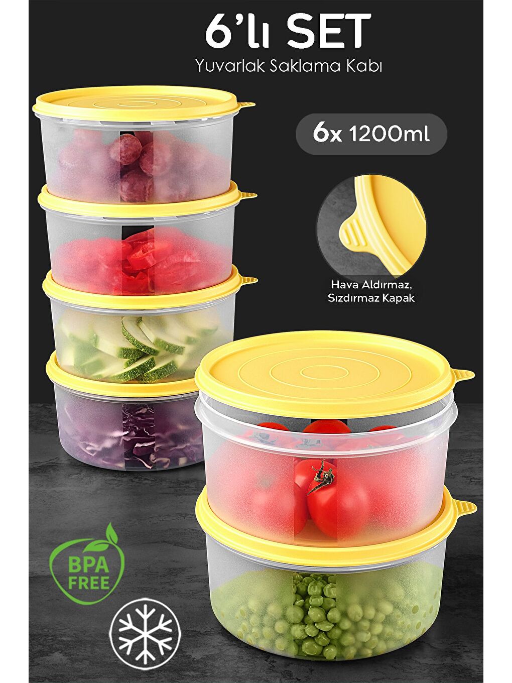 6'lı Yuvarlak Gıda Saklama Kabı Seti 6x1200 ml Sarı