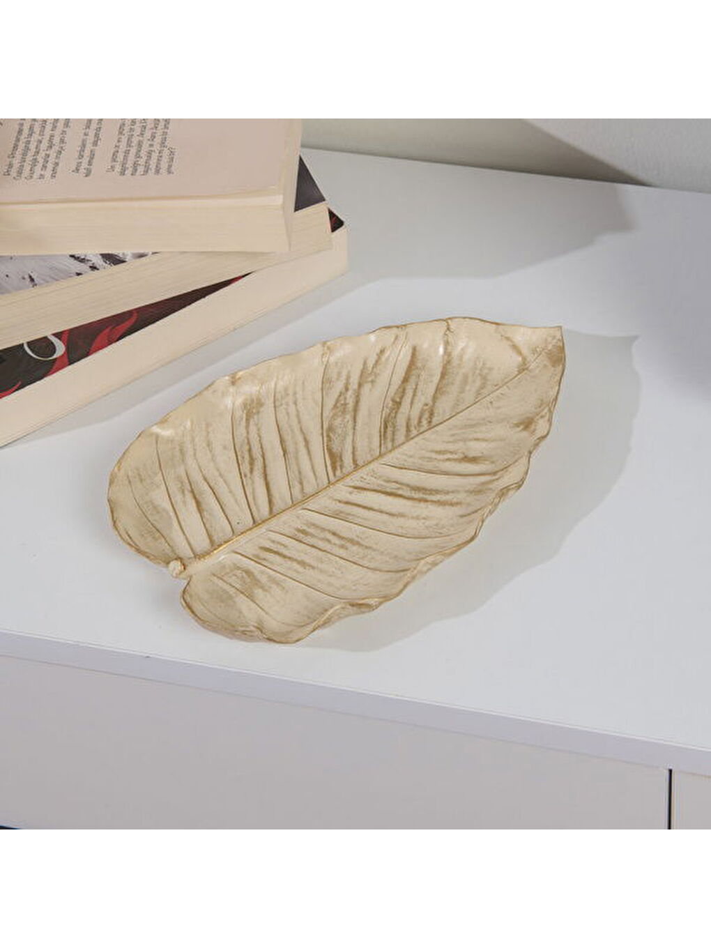 Deco Leaf Dekoratif Tabak - Beyaz / Gold - 24x16 cm