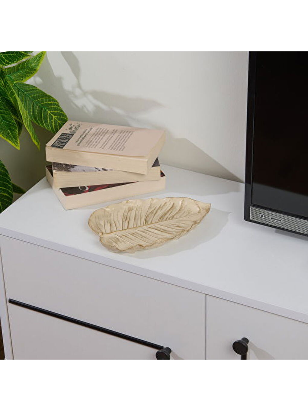 Deco Leaf Dekoratif Tabak - Beyaz / Gold - 24x16 cm-2