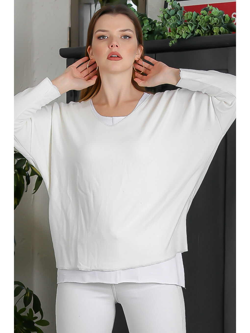 Ekru V Yaka Yarasa Kol İkili Set Casual Örme Bluz