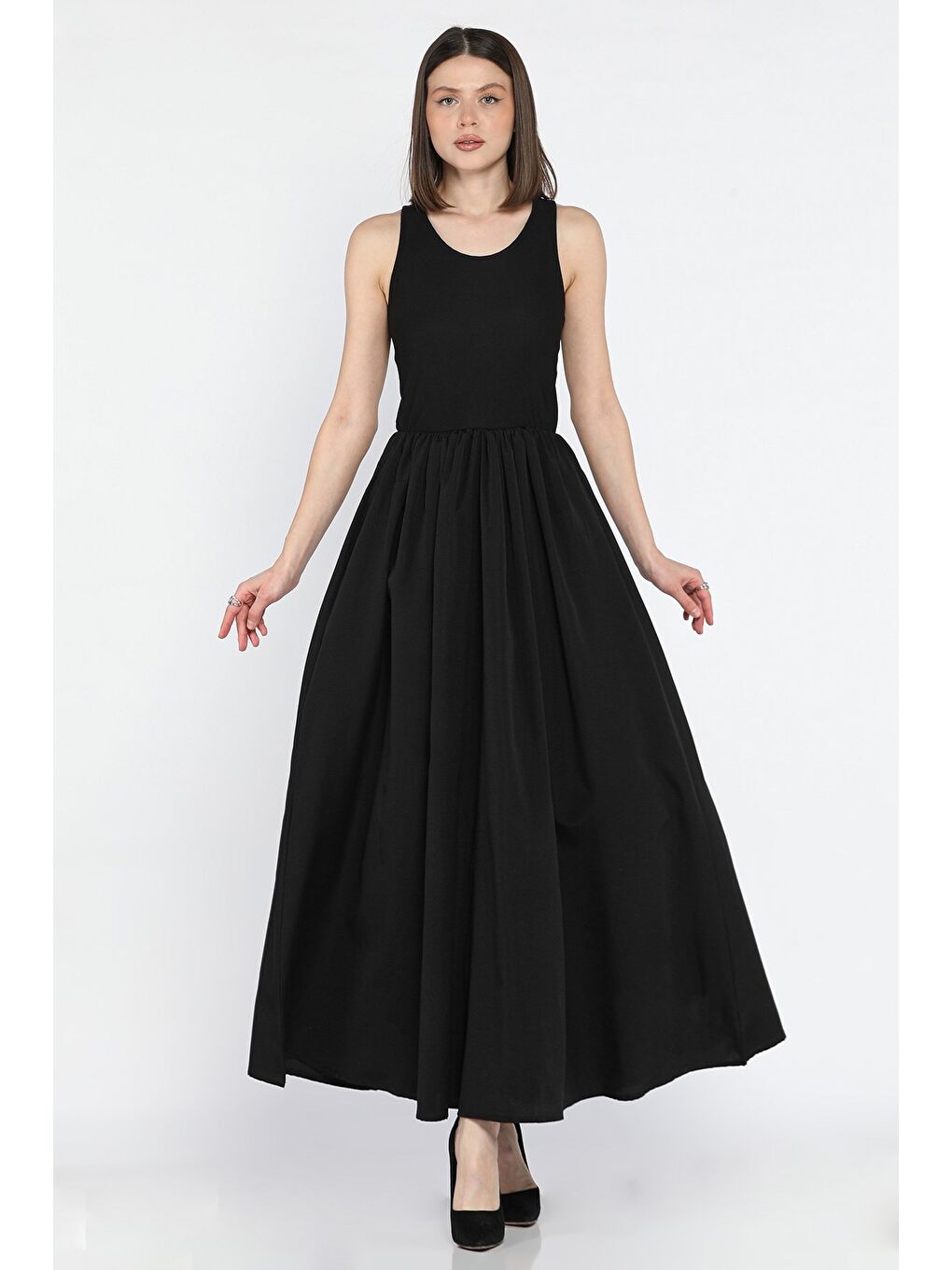 Siyah Kadın Çift Cepli Ottoman Uzun Elbise