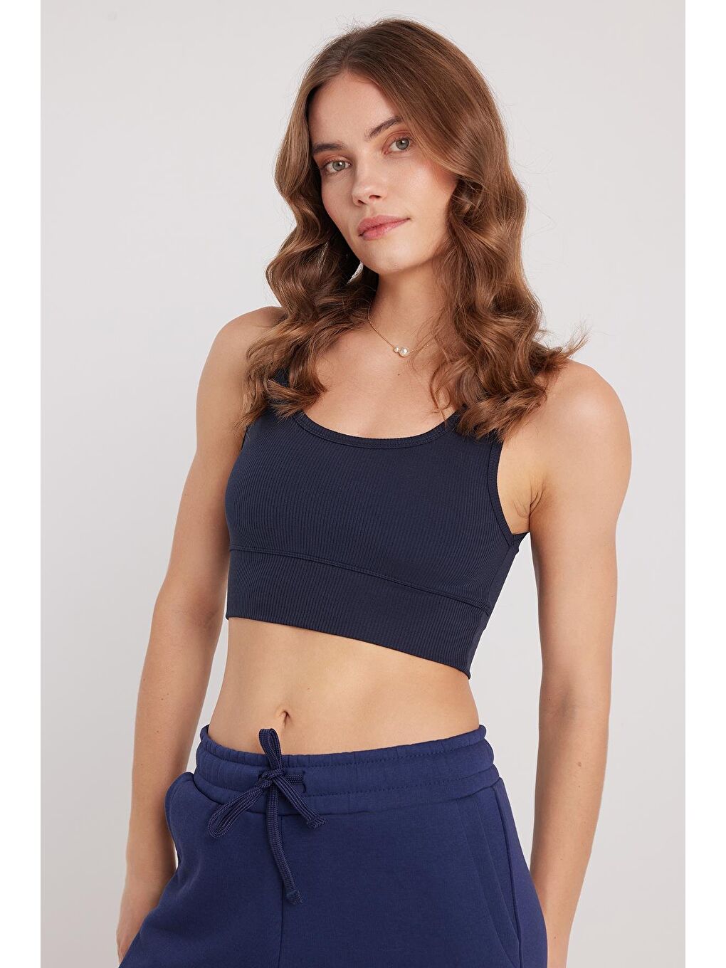 Kadın Slim Fit Dar Kesim Bisiklet Yaka Kalın Askılı Esnek Lacivert Spor Atlet