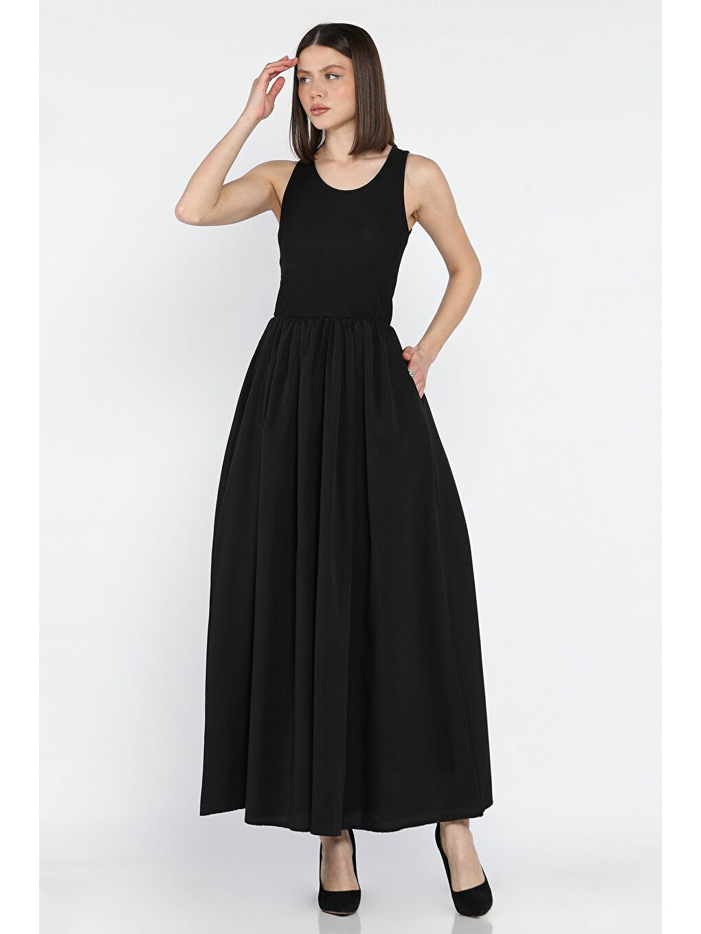 Siyah Kadın Çift Cepli Ottoman Uzun Elbise-1