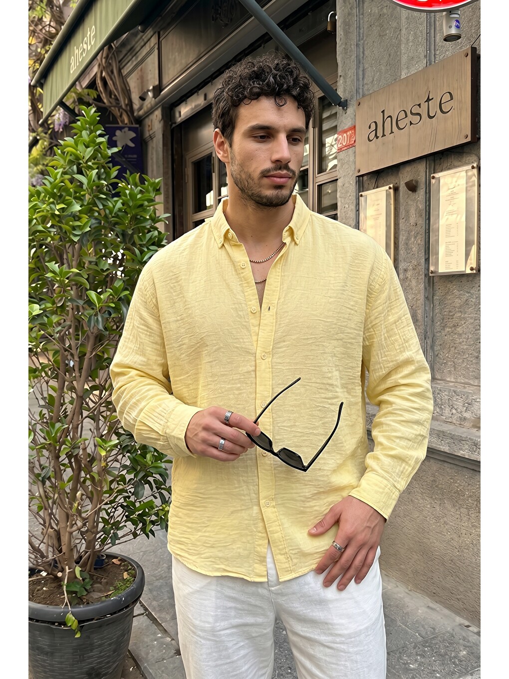 Sarı Napas Erkek Oversize Keten Görünümlü Gömlek-5
