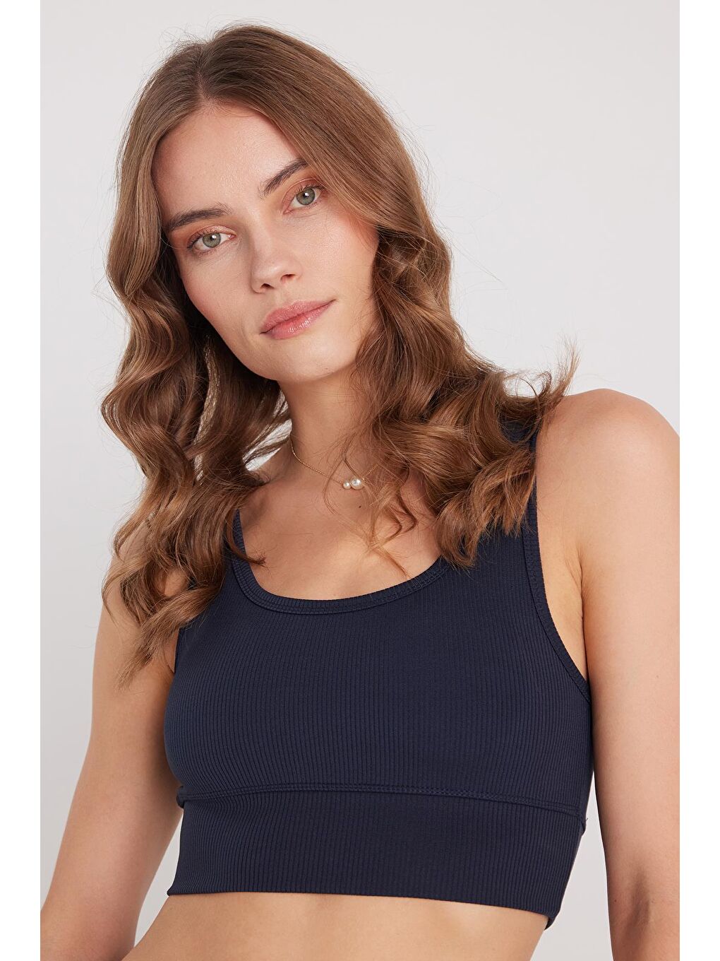 Kadın Slim Fit Dar Kesim Bisiklet Yaka Kalın Askılı Esnek Lacivert Spor Atlet-1