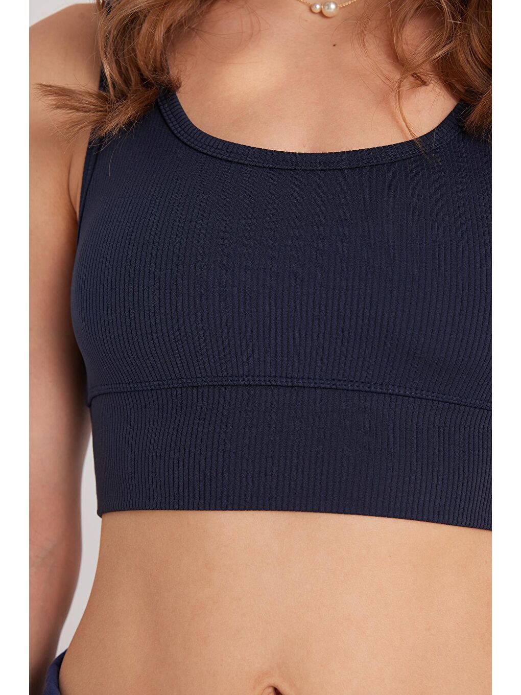 Kadın Slim Fit Dar Kesim Bisiklet Yaka Kalın Askılı Esnek Lacivert Spor Atlet-2