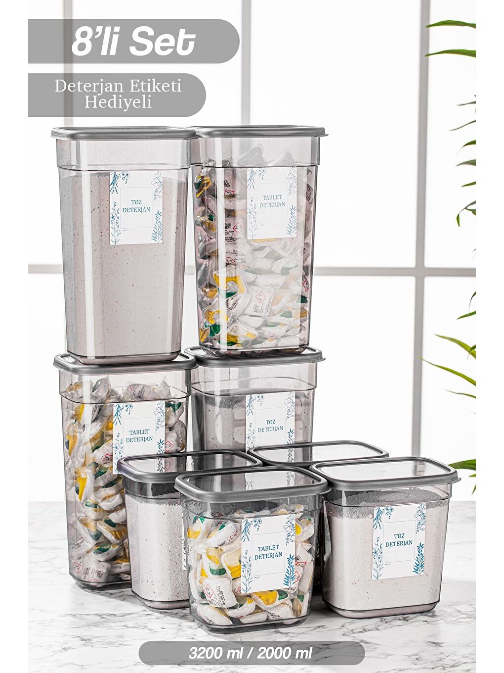 Gri 8 li Mega Set Elina Dikdörtgen Deterjan Saklama Kabı Tablet Deterjan Saklama Kutusu