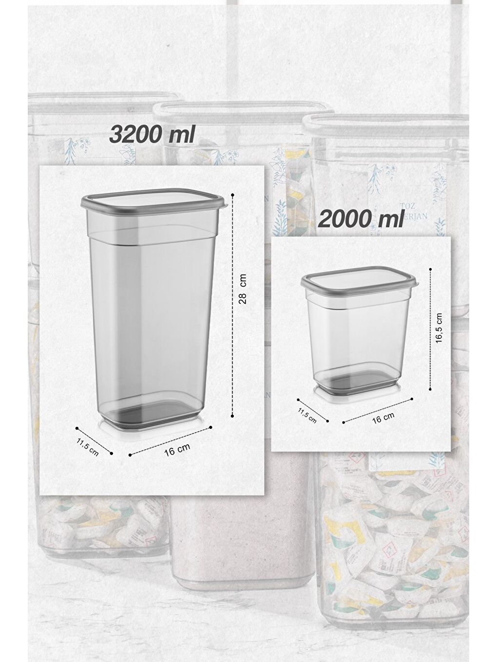 Gri 8 li Mega Set Elina Dikdörtgen Deterjan Saklama Kabı Tablet Deterjan Saklama Kutusu-2