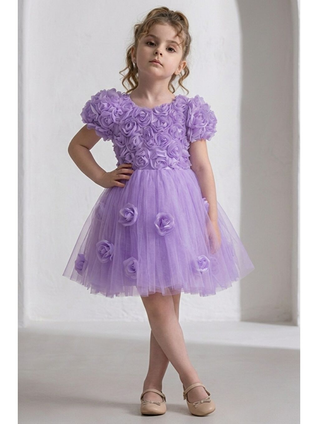 Lila Rosali Lase Detay Kız Tütü Abiye Elbise M00803-1