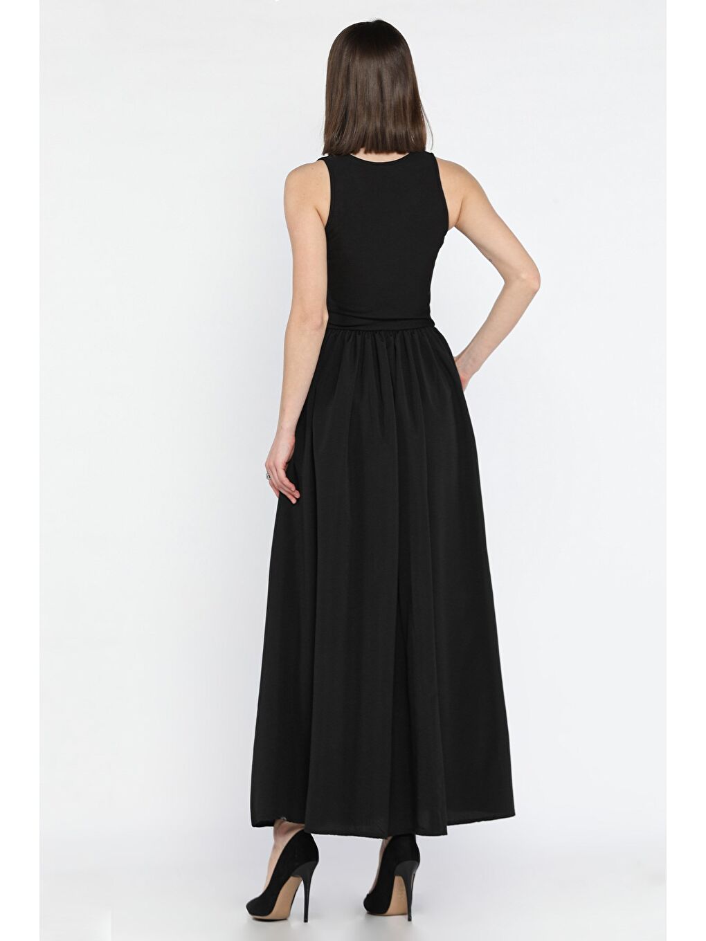 Siyah Kadın Çift Cepli Ottoman Uzun Elbise-2