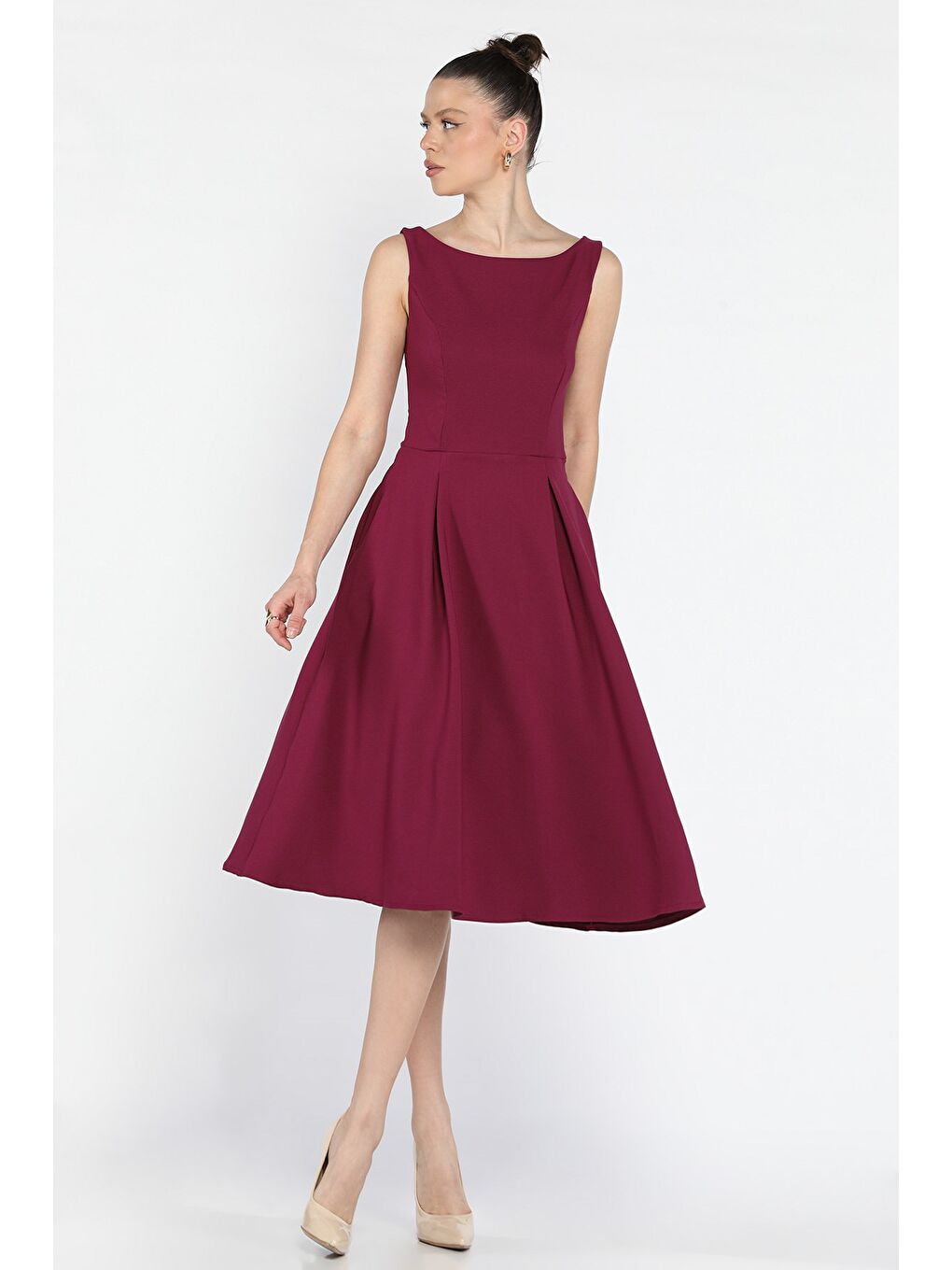 Mürdüm Kadın Fermuarlı Cepli Kolsuz Elbise