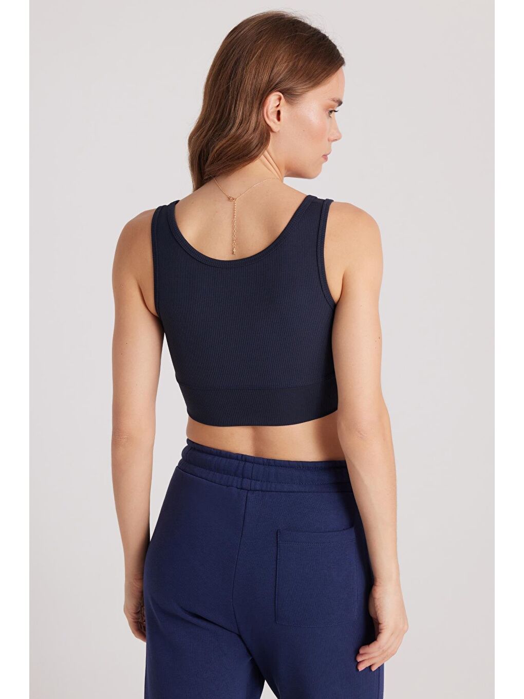 Kadın Slim Fit Dar Kesim Bisiklet Yaka Kalın Askılı Esnek Lacivert Spor Atlet-6