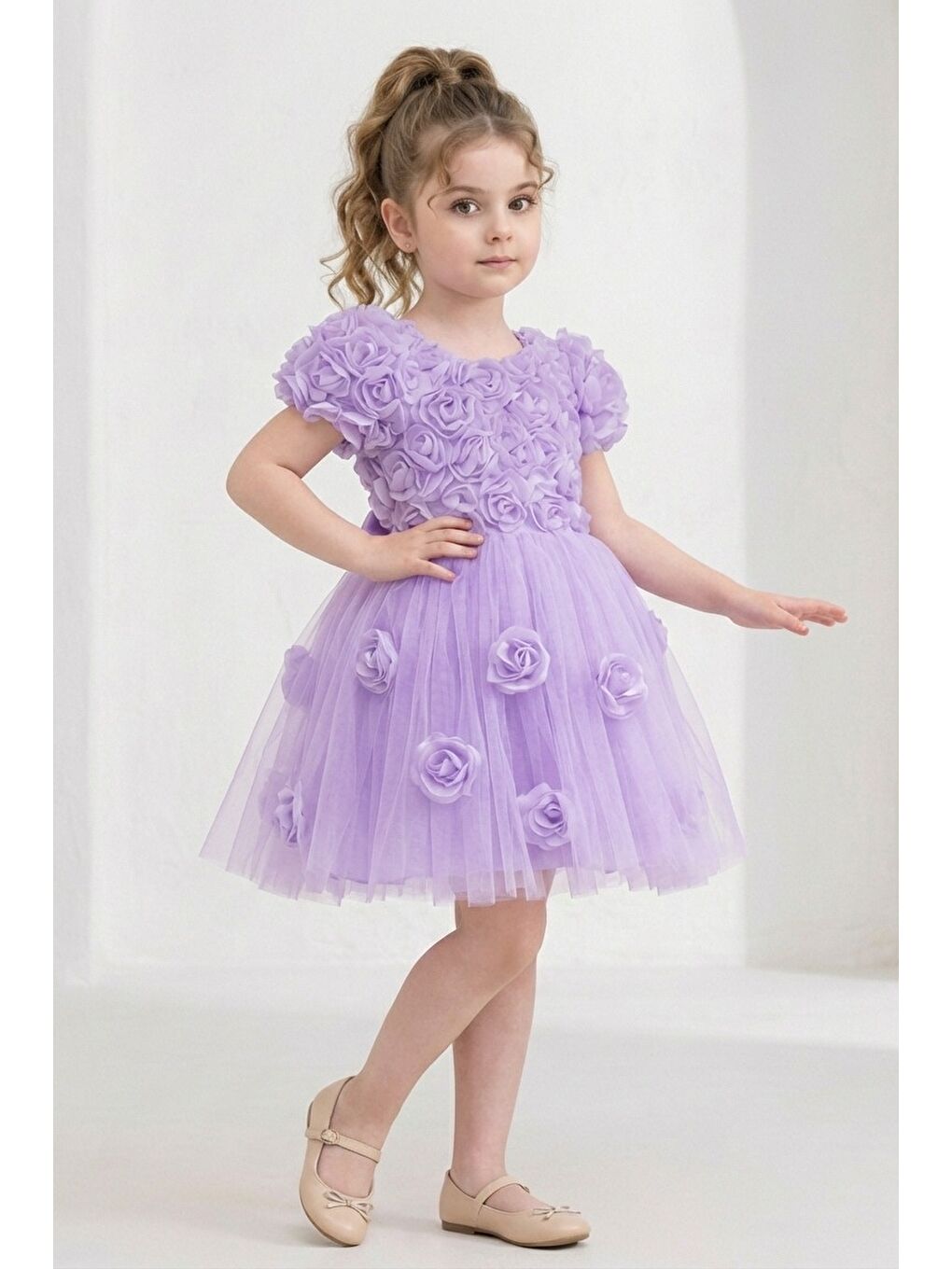 Lila Rosali Lase Detay Kız Tütü Abiye Elbise M00803-3