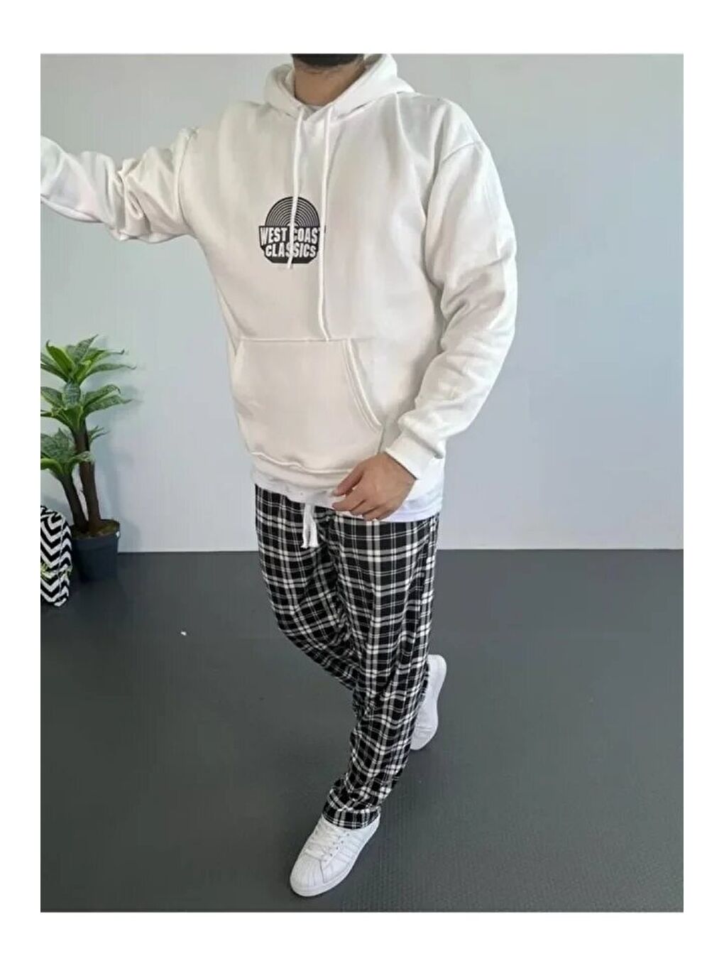 Erkek Baskılı Üç İplik Kapüşonlu Oversize Sweatshirt - Beyaz