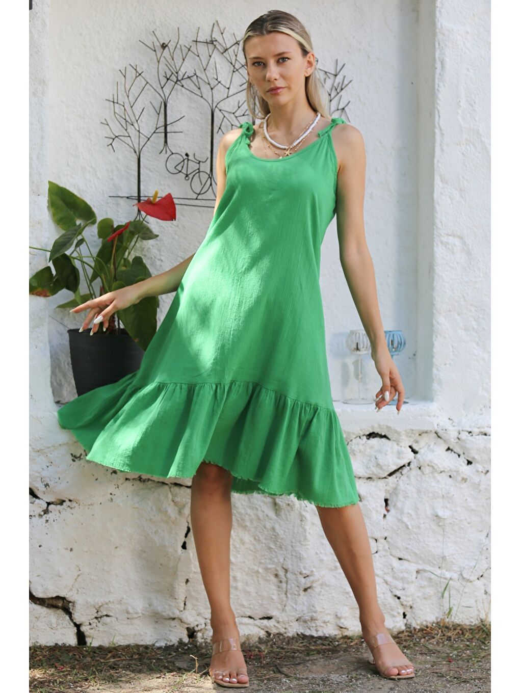 Yeşil Askılı Yıkamalı Etek Ucu Fırfırlı Dokuma Casual Pamuklu Elbise-3