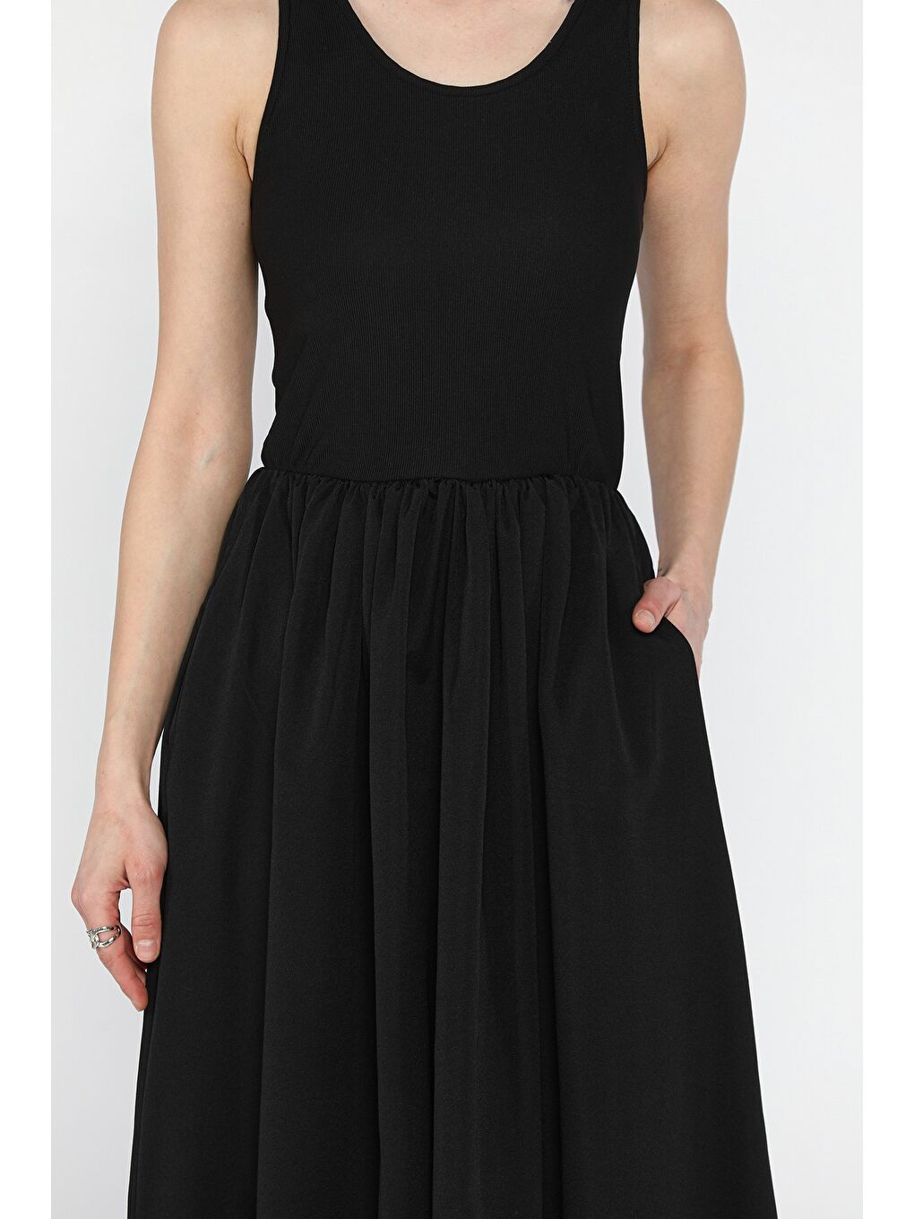 Siyah Kadın Çift Cepli Ottoman Uzun Elbise-3