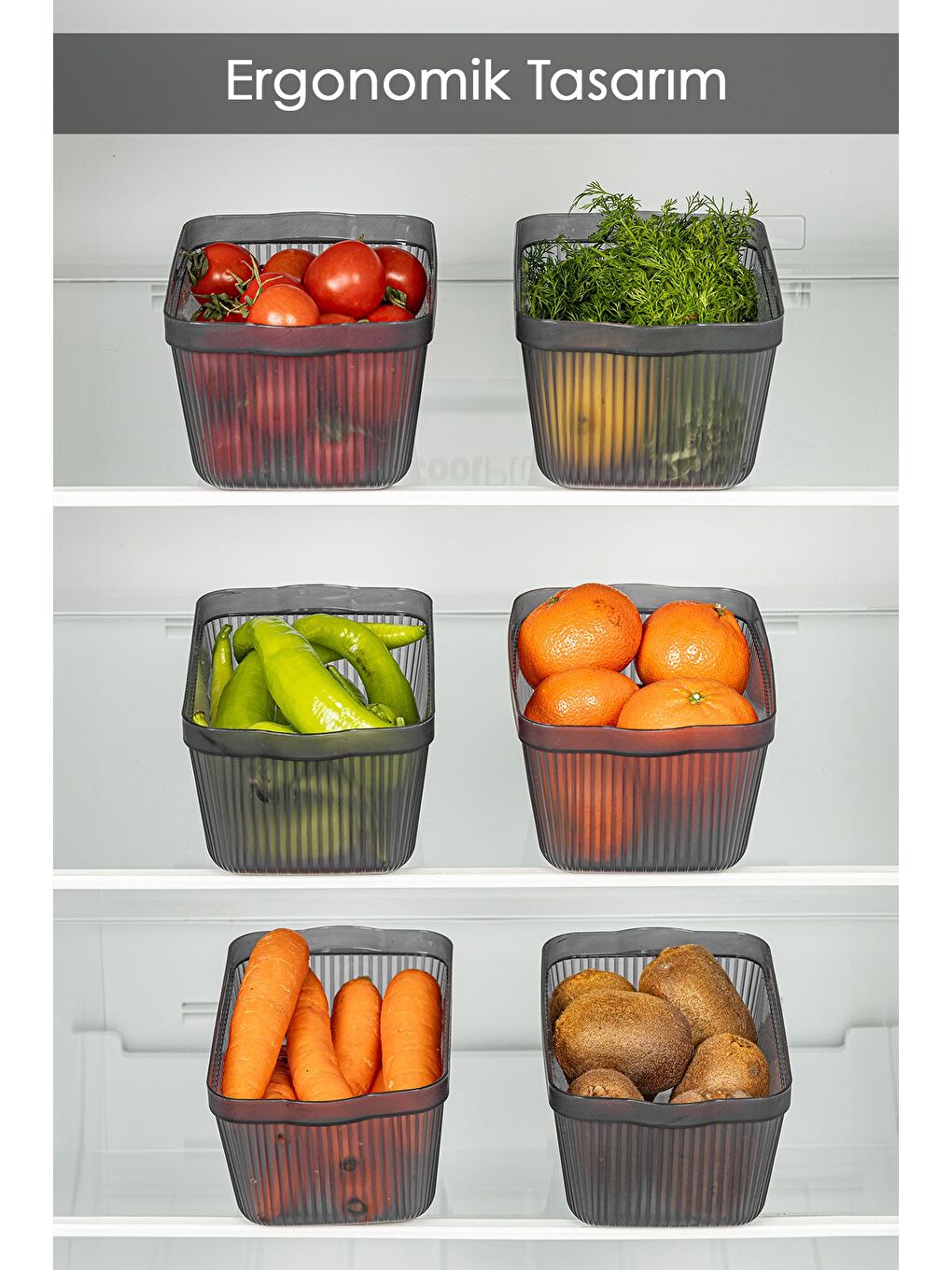 Gri 6'lı Perry Mutfak Buzdolabı Saklama Kabı Çok Amaçlı Mutfak Düzenleme Kutusu Small 1,5 lt Füme-1